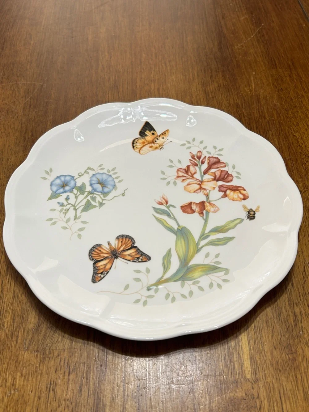 Lenox White Floral & Butterfly Decorative Plate with Orange and Blue Accents